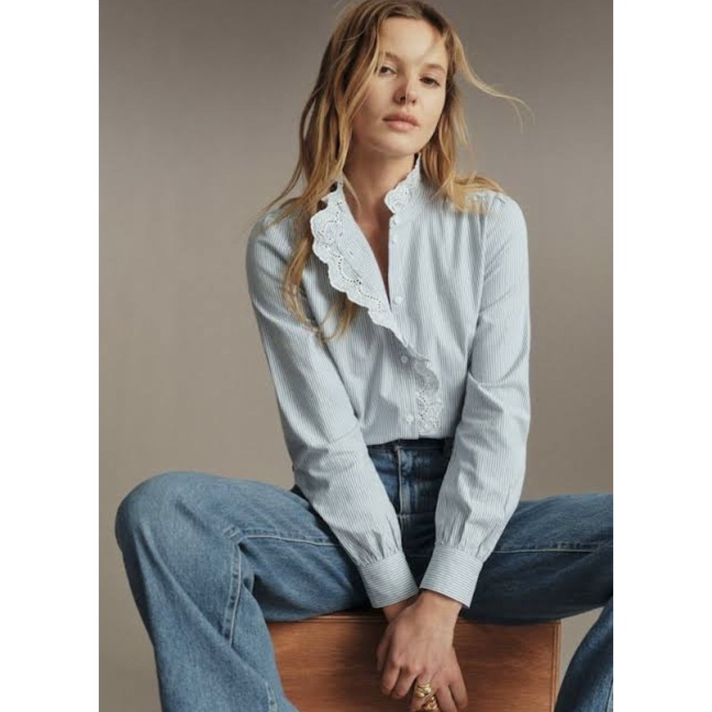 SÉZANE Embroidery Trim Striped Chlo Shirt in Blue (Multi) Size 42 US 10 $135